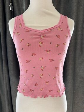 Pink Floral Ribbed Tank Top